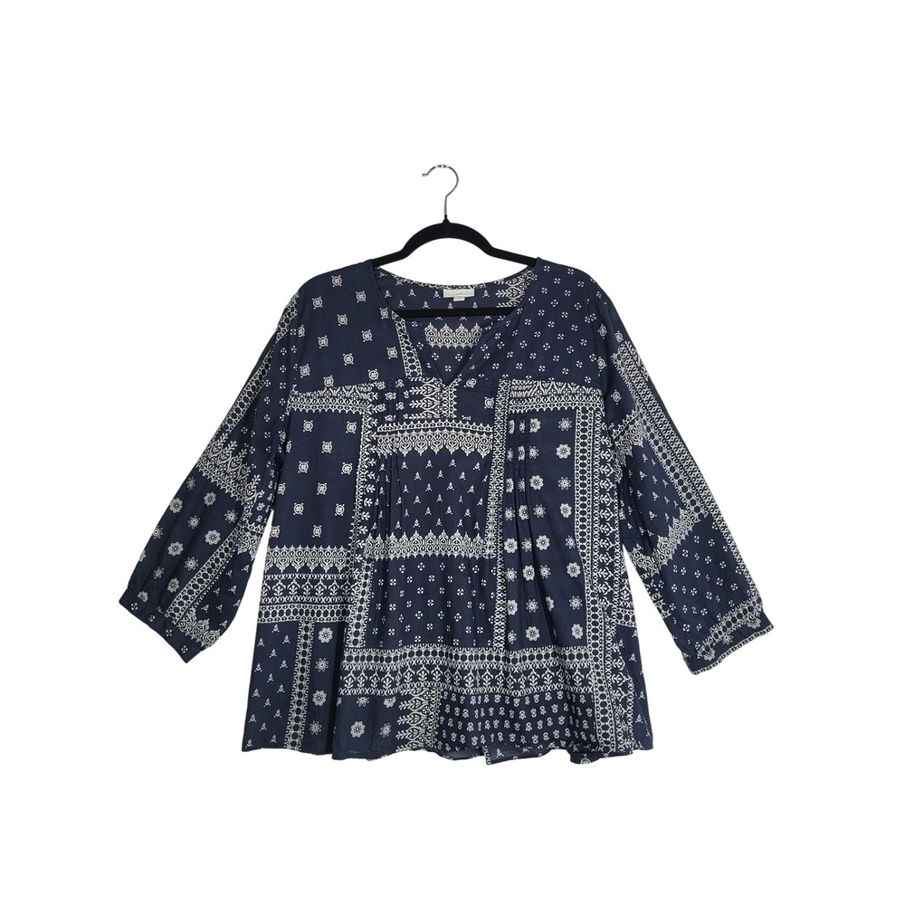 J. Jill Gauzy Navy Bandana Patchwork Cotton Tunic Blouse Large 3/4 Sleeve V-neck